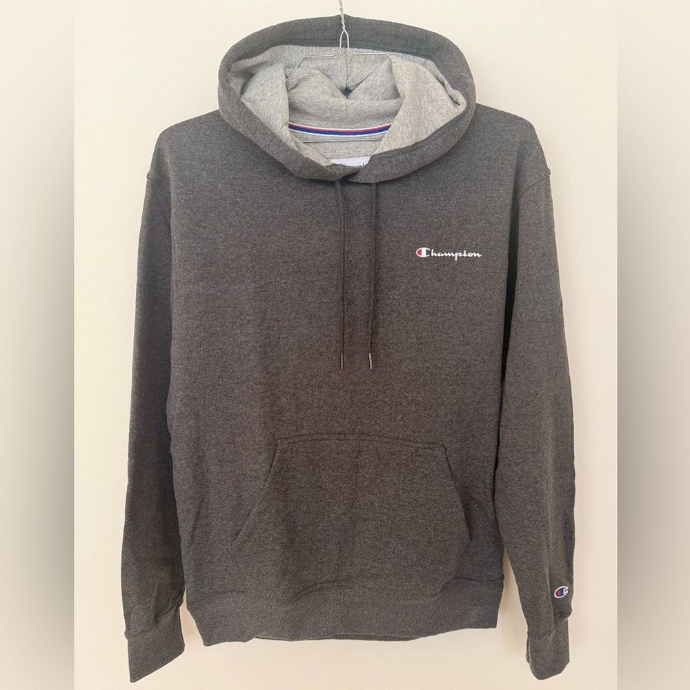 Champion Gray Hoodie Script Logo Embroidered Tri-Color Hood Lining Pullover